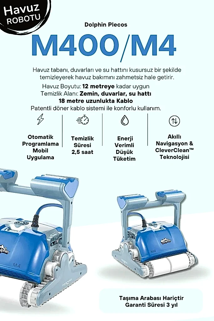 Dolphin M400 havuz robotu, akıllı navigasyon ve CleverClean™ teknolojisiyle zemin, duvar ve su hattını temizler. 2,5 saatlik temizlik süresi ve 18 metre kablosu ile konforlu kullanım sağlar.